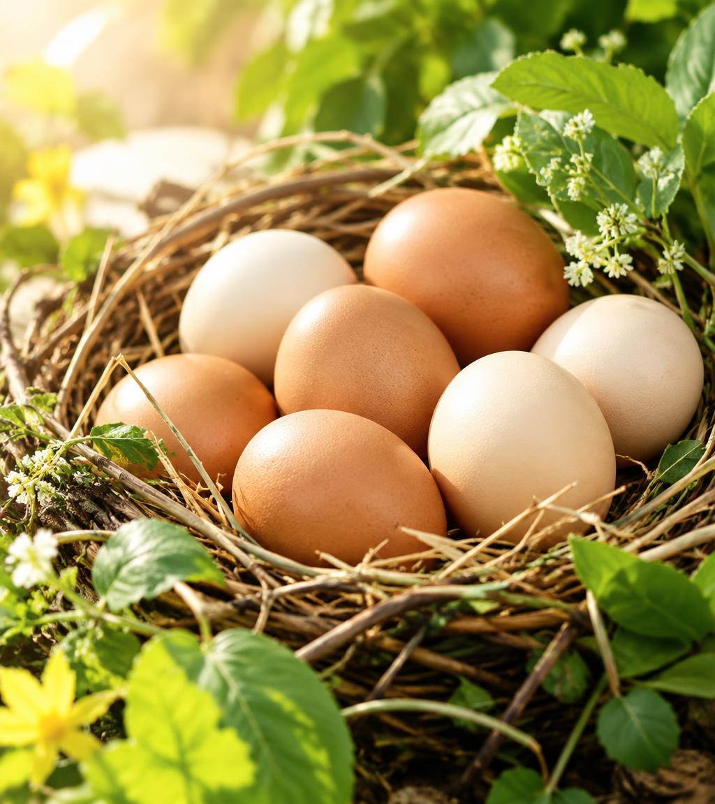 A kraft carton of fresh farm eggs nestled among green leaves in warm morning light